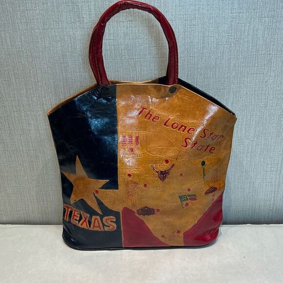 Vtg Texas Lone Star State Leather Handbag TX Flag Stamped Tooled Cities - Picture 1 of 10